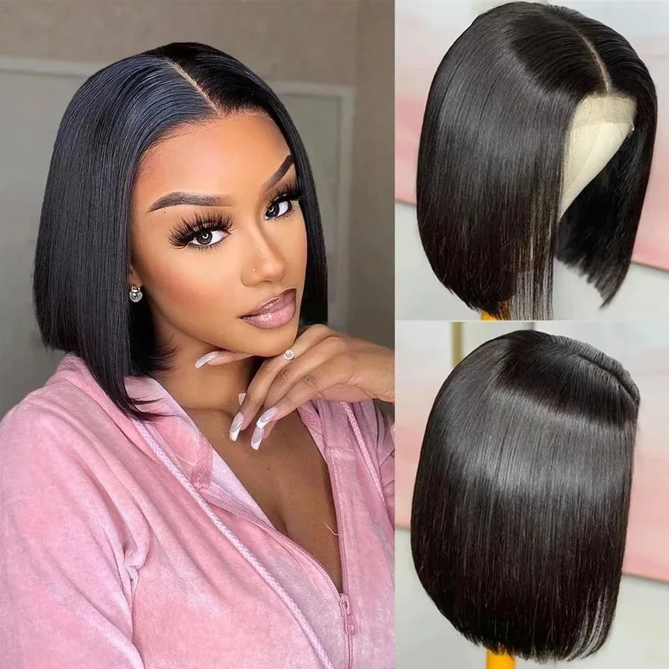 Natural Color Straight Short Bob Wigs 4x4 Closure Lace Brazilian Pre Plucked Wig For Women Remy Human Hair Wigs 200% Density