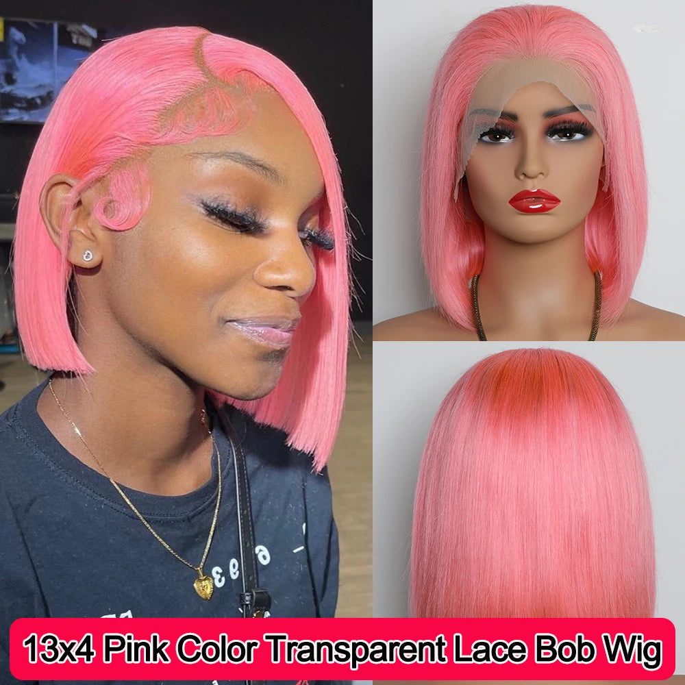 13x4 Short Bob Wig with HD Transparent Lace Frontal Light Pink Brazilian Remy 100% Human Hair Preplucked 12 Inch 14 Inch