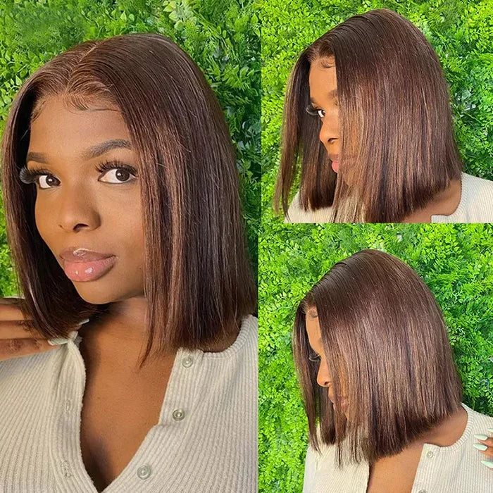 Brown Straight Short Bob Human Hair Wig – 13x4 / 4x4 HD Lace Frontal Wig (#4 Color, 14–16 Inch, Pre-Plucked)