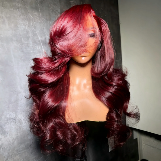 28 Inch 99j Burgundy Lace Front Wigs Human Hair Red Burgundy Wig 200% Density 13x4 Body Wave Lace Front Wigs Pre Plucked Glueles