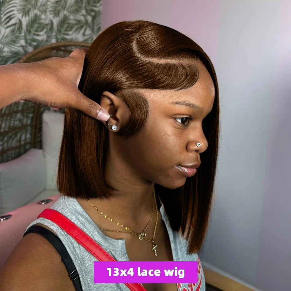 Brown Straight Short Bob Human Hair Wig – 13x4 / 4x4 HD Lace Frontal Wig (#4 Color, 14–16 Inch, Pre-Plucked)