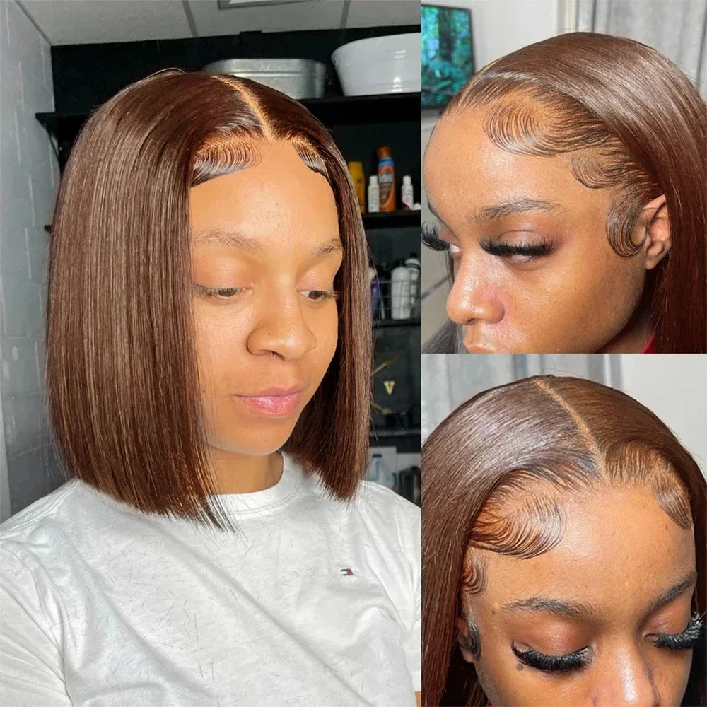 Brown Straight Short Bob Human Hair Wig – 13x4 / 4x4 HD Lace Frontal Wig (#4 Color, 14–16 Inch, Pre-Plucked)