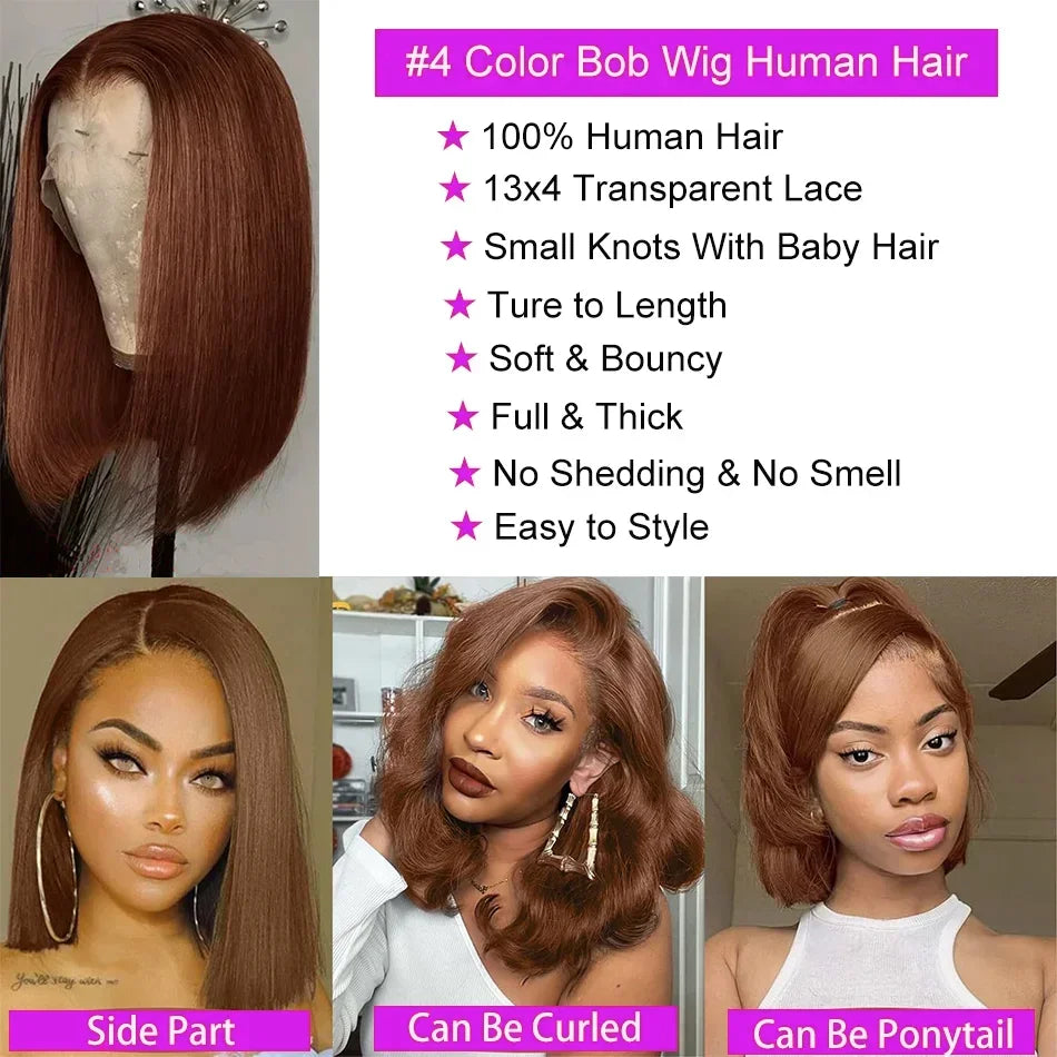 Brown Straight Short Bob Human Hair Wig – 13x4 / 4x4 HD Lace Frontal Wig (#4 Color, 14–16 Inch, Pre-Plucked)