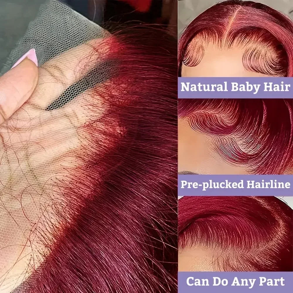 28 Inch 99j Burgundy Lace Front Wigs Human Hair Red Burgundy Wig 200% Density 13x4 Body Wave Lace Front Wigs Pre Plucked Glueles