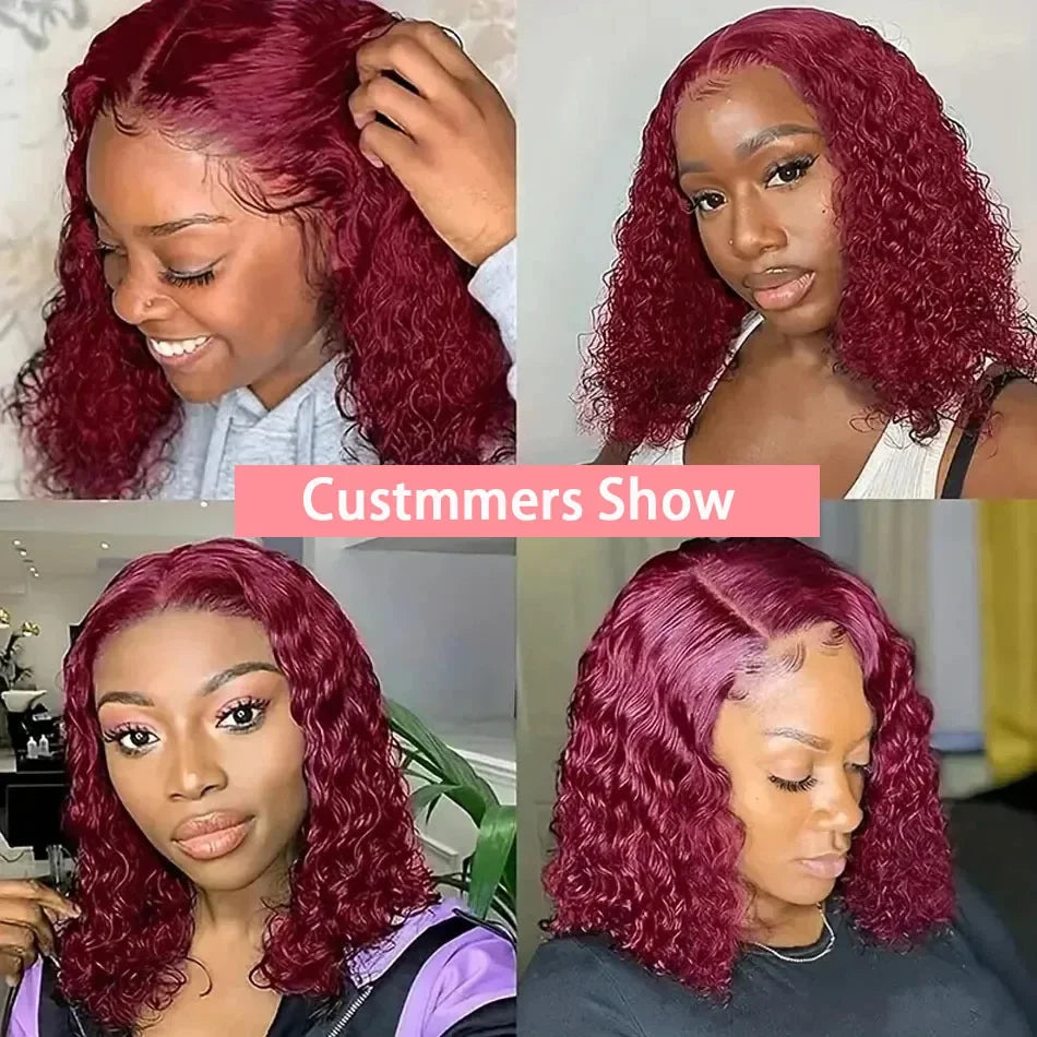13x4 Lace Frontal Wig Short Bob Kinky Curly Wig Pre Plucked 99J Deep Wave Human Hair Bob Burgundy Lace Front Wigs Bob Human Hai