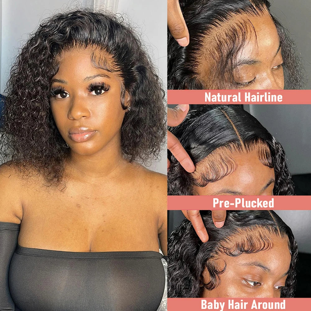 Short Curly Bob Human Hair Wig – 13x6 Lace Frontal / 7x5 Glueless Deep Water Wave Wig (250% Density, 12–14 Inch)