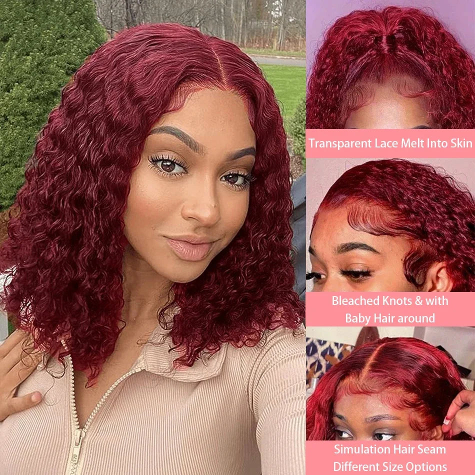 13x4 Lace Frontal Wig Short Bob Kinky Curly Wig Pre Plucked 99J Deep Wave Human Hair Bob Burgundy Lace Front Wigs Bob Human Hai