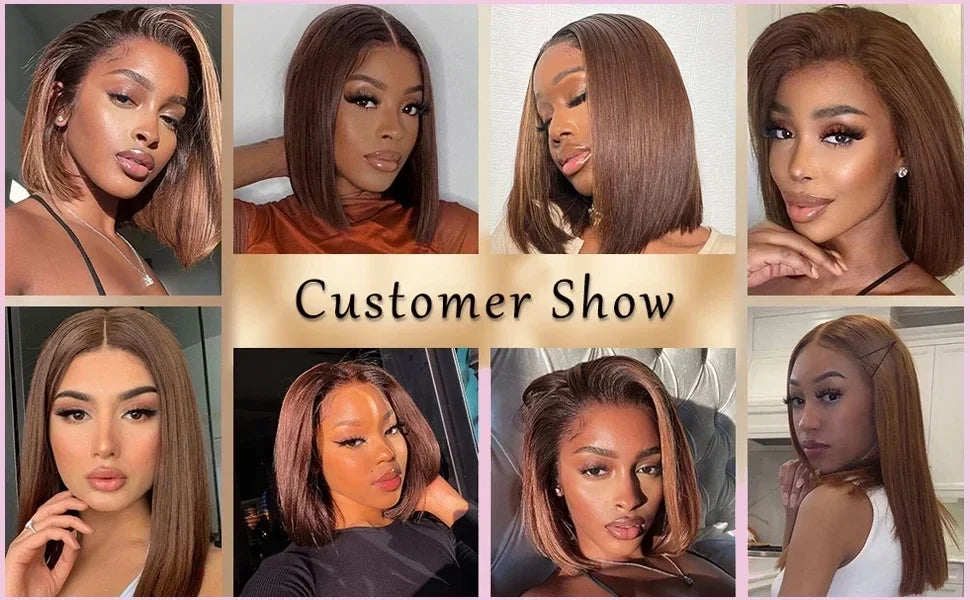 Brown Straight Short Bob Human Hair Wig – 13x4 / 4x4 HD Lace Frontal Wig (#4 Color, 14–16 Inch, Pre-Plucked)