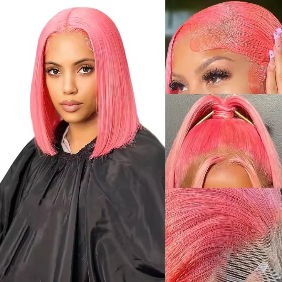 13x4 Short Bob Wig with HD Transparent Lace Frontal Light Pink Brazilian Remy 100% Human Hair Preplucked 12 Inch 14 Inch