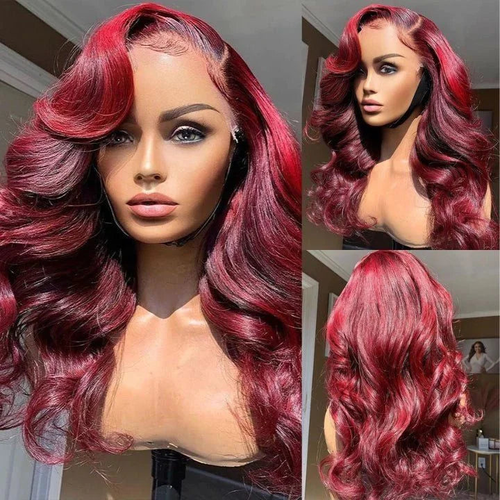 28 Inch 99j Burgundy Lace Front Wigs Human Hair Red Burgundy Wig 200% Density 13x4 Body Wave Lace Front Wigs Pre Plucked Glueles