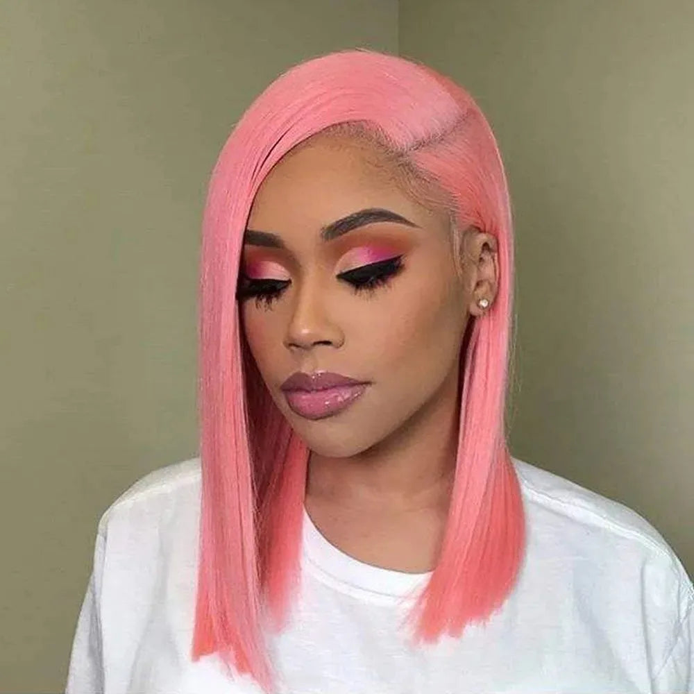 13x4 Short Bob Wig with HD Transparent Lace Frontal Light Pink Brazilian Remy 100% Human Hair Preplucked 12 Inch 14 Inch