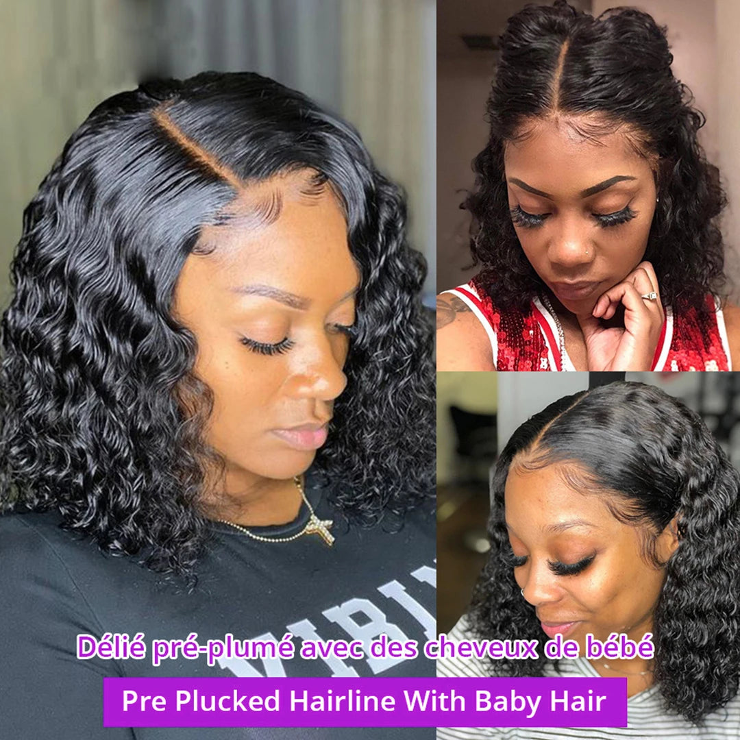 Bob Lace Wig Black Curly For Women Deep Water Curly Wave Human Hair Wigs 100% Remy Natural Hair Short Lace Frontal T Part Wig