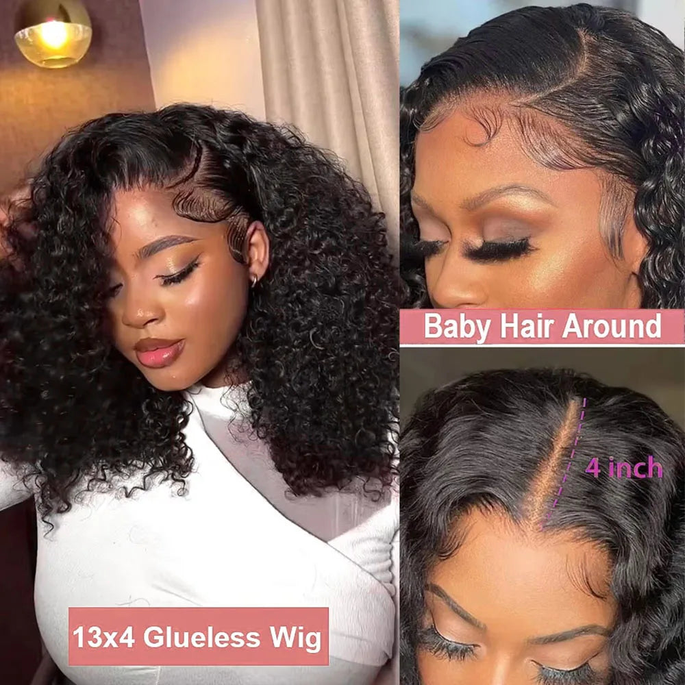 Short Curly Bob Human Hair Wig – 13x6 Lace Frontal / 7x5 Glueless Deep Water Wave Wig (250% Density, 12–14 Inch)