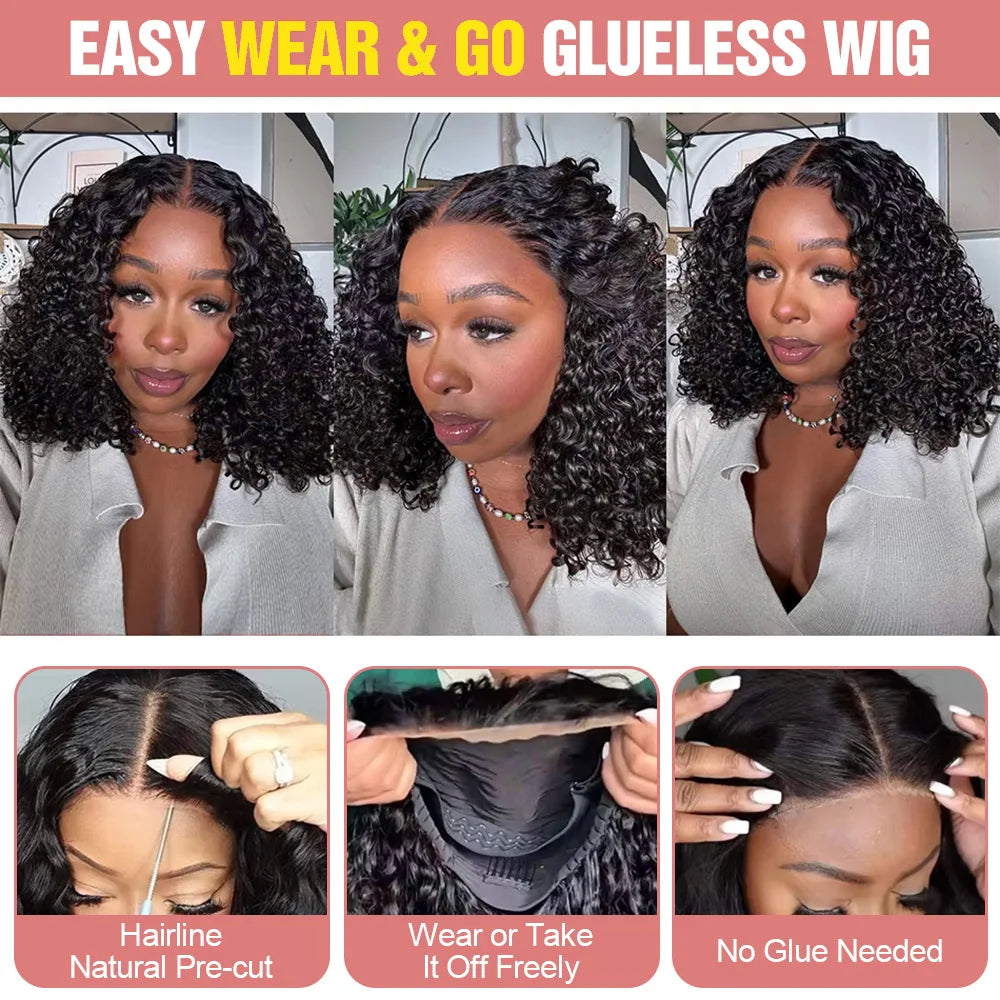 Short Curly Bob Human Hair Wig – 13x6 Lace Frontal / 7x5 Glueless Deep Water Wave Wig (250% Density, 12–14 Inch)