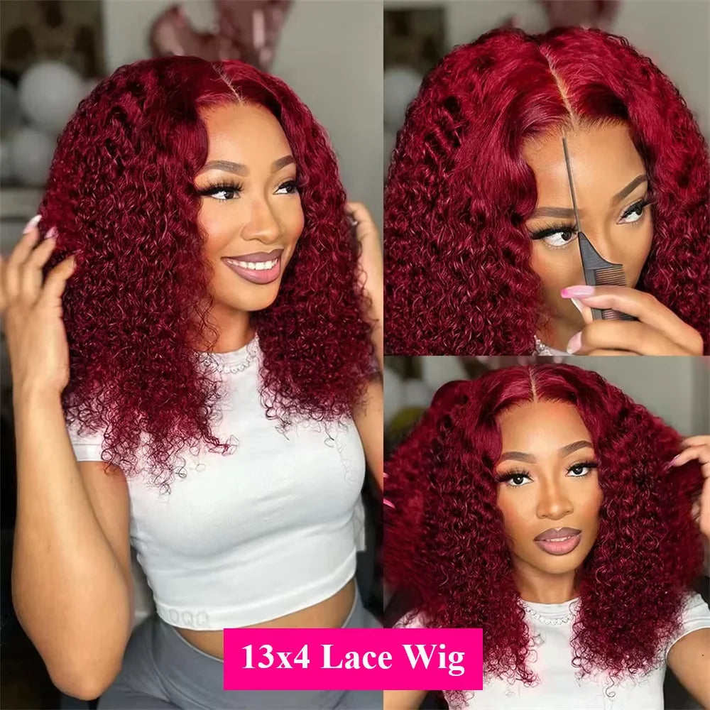 13x4 Lace Frontal Wig Short Bob Kinky Curly Wig Pre Plucked 99J Deep Wave Human Hair Bob Burgundy Lace Front Wigs Bob Human Hai