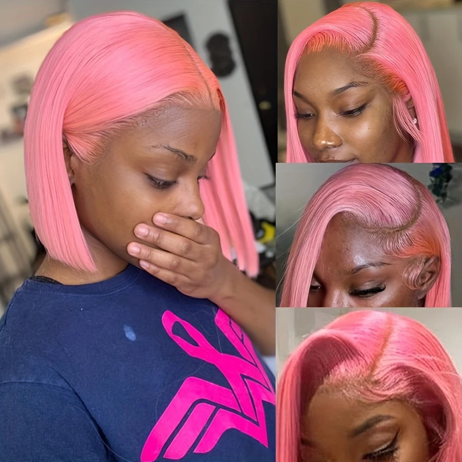 13x4 Short Bob Wig with HD Transparent Lace Frontal Light Pink Brazilian Remy 100% Human Hair Preplucked 12 Inch 14 Inch