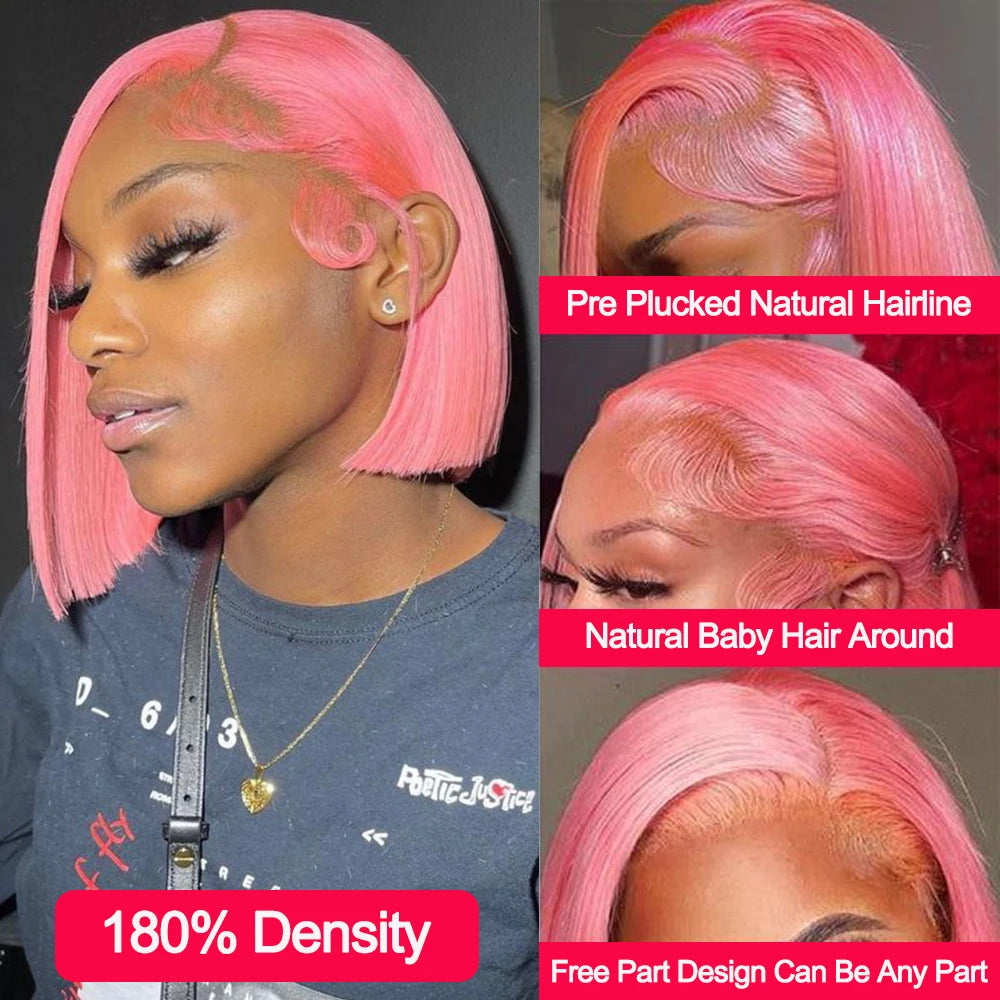 13x4 Short Bob Wig with HD Transparent Lace Frontal Light Pink Brazilian Remy 100% Human Hair Preplucked 12 Inch 14 Inch