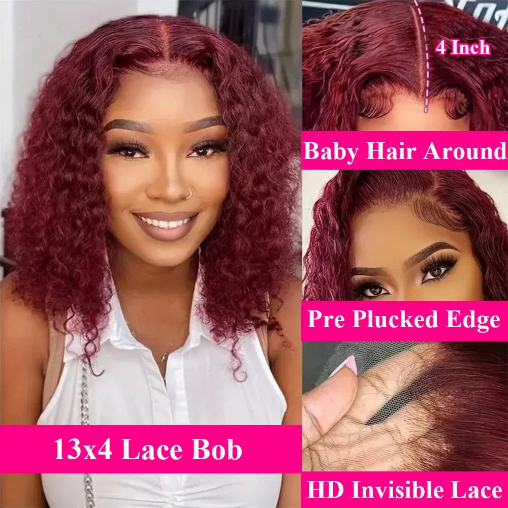 13x4 Lace Frontal Wig Short Bob Kinky Curly Wig Pre Plucked 99J Deep Wave Human Hair Bob Burgundy Lace Front Wigs Bob Human Hai