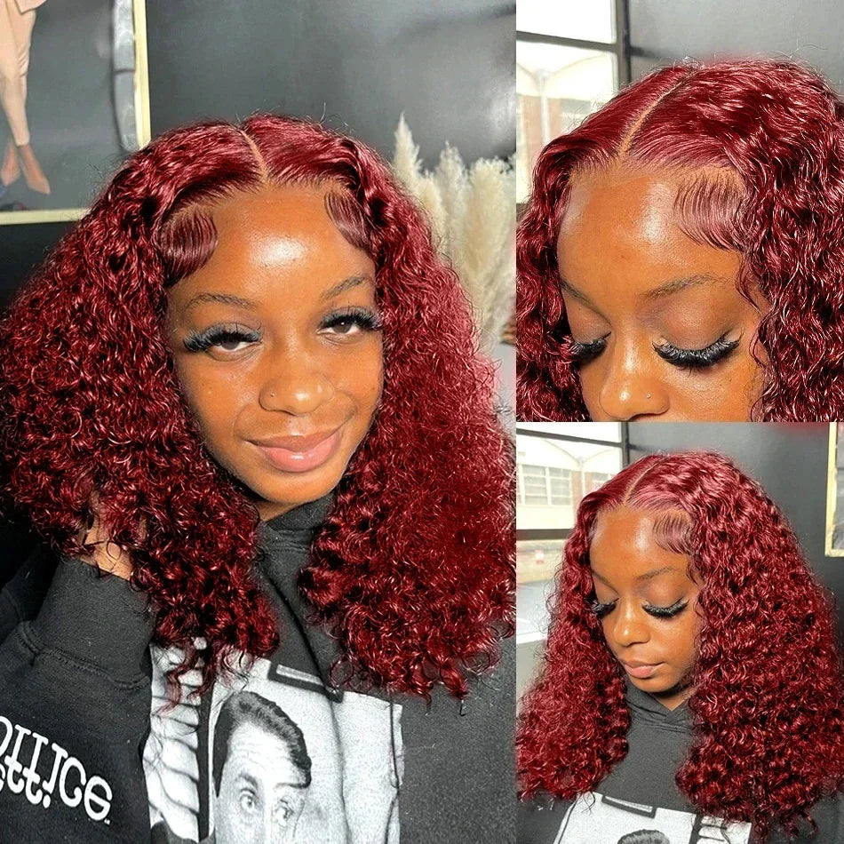 13x4 Lace Frontal Wig Short Bob Kinky Curly Wig Pre Plucked 99J Deep Wave Human Hair Bob Burgundy Lace Front Wigs Bob Human Hai