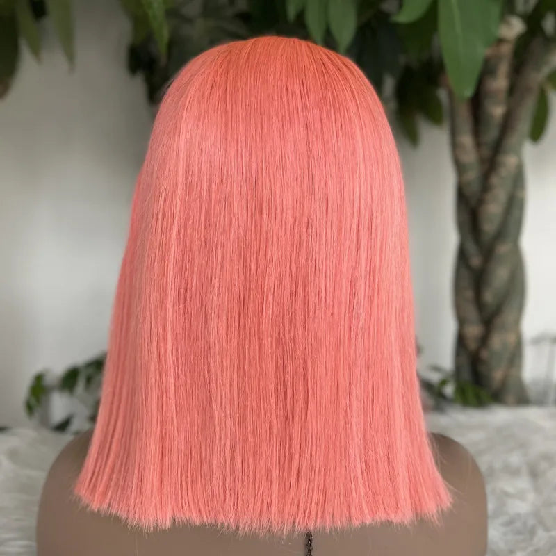13x4 Short Bob Wig with HD Transparent Lace Frontal Light Pink Brazilian Remy 100% Human Hair Preplucked 12 Inch 14 Inch
