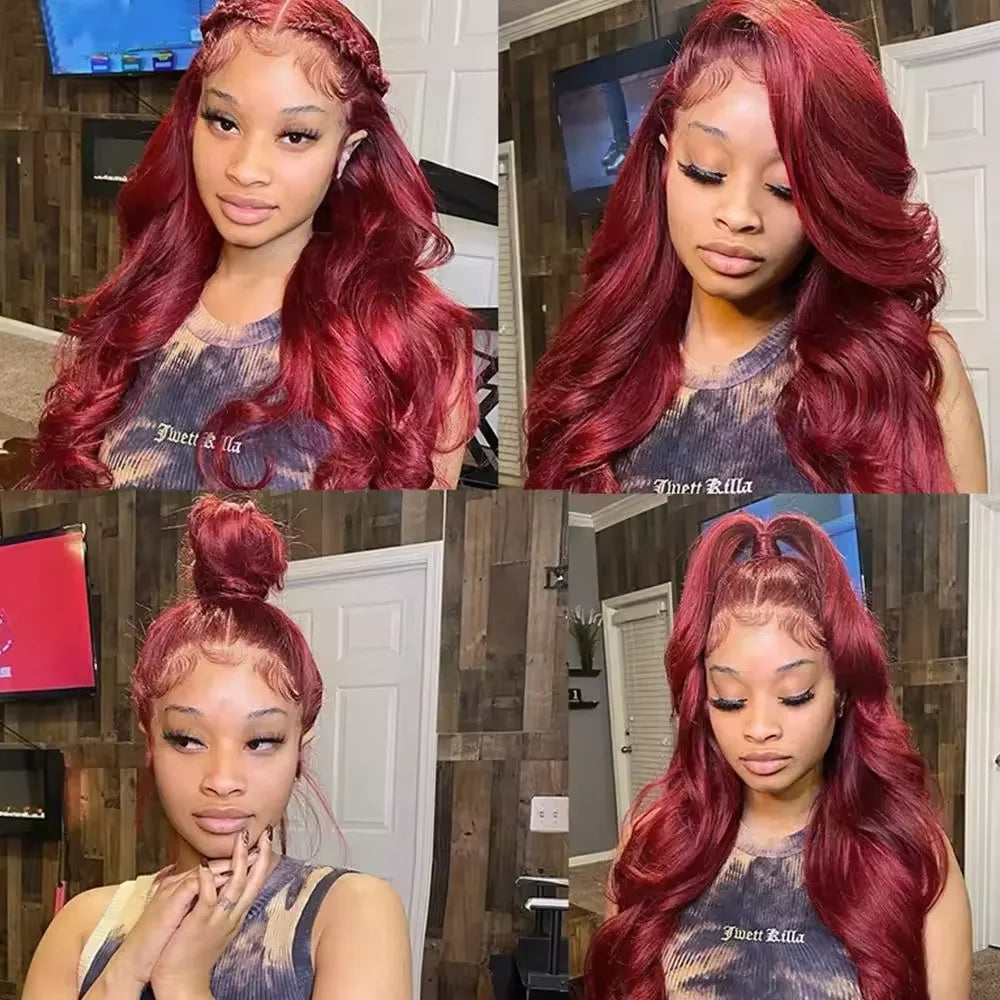 28 Inch 99j Burgundy Lace Front Wigs Human Hair Red Burgundy Wig 200% Density 13x4 Body Wave Lace Front Wigs Pre Plucked Glueles