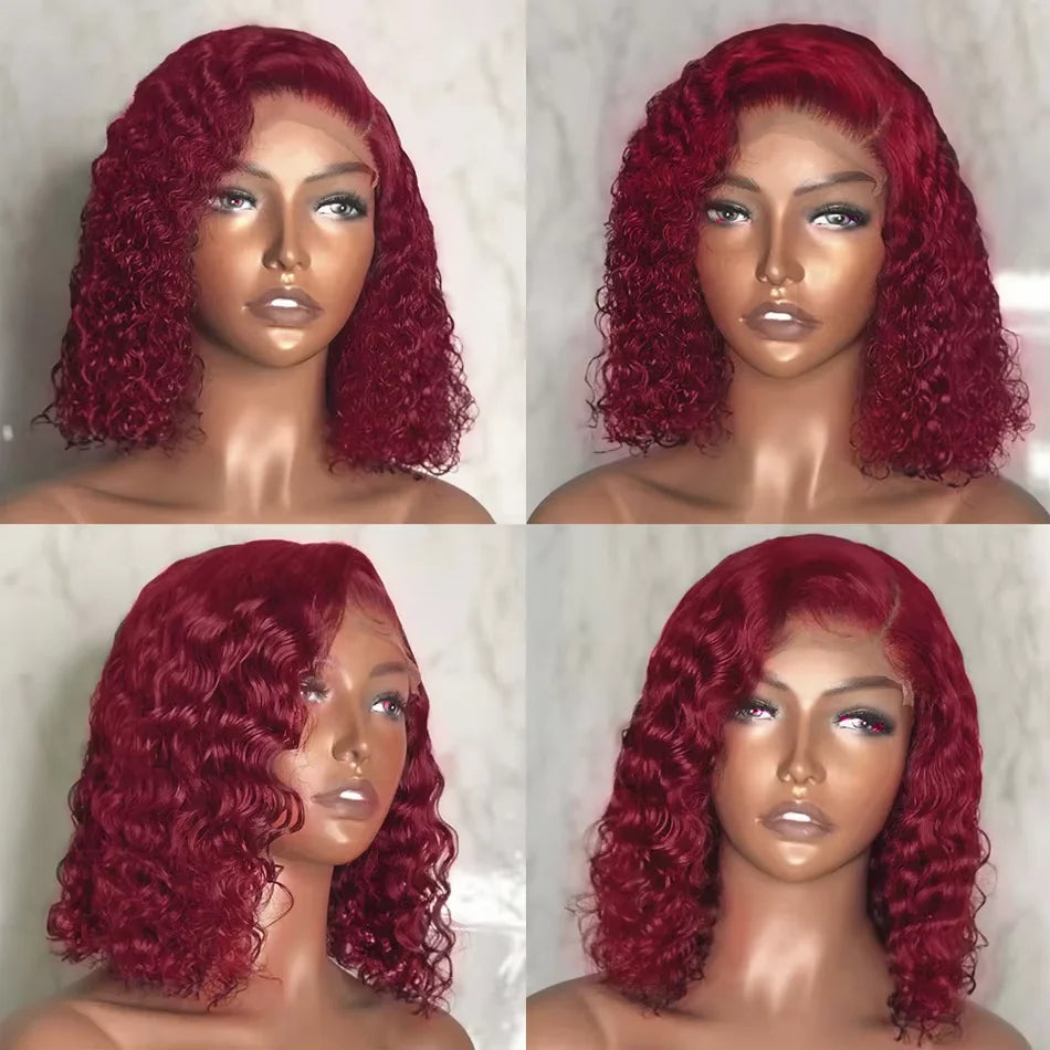 13x4 Lace Frontal Wig Short Bob Kinky Curly Wig Pre Plucked 99J Deep Wave Human Hair Bob Burgundy Lace Front Wigs Bob Human Hai