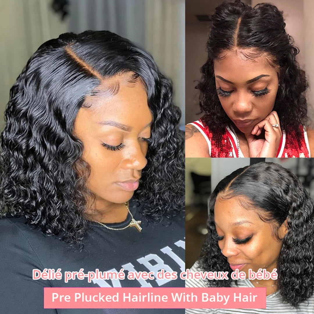 Short Curly Bob Human Hair Wig – 13x6 Lace Frontal / 7x5 Glueless Deep Water Wave Wig (250% Density, 12–14 Inch)
