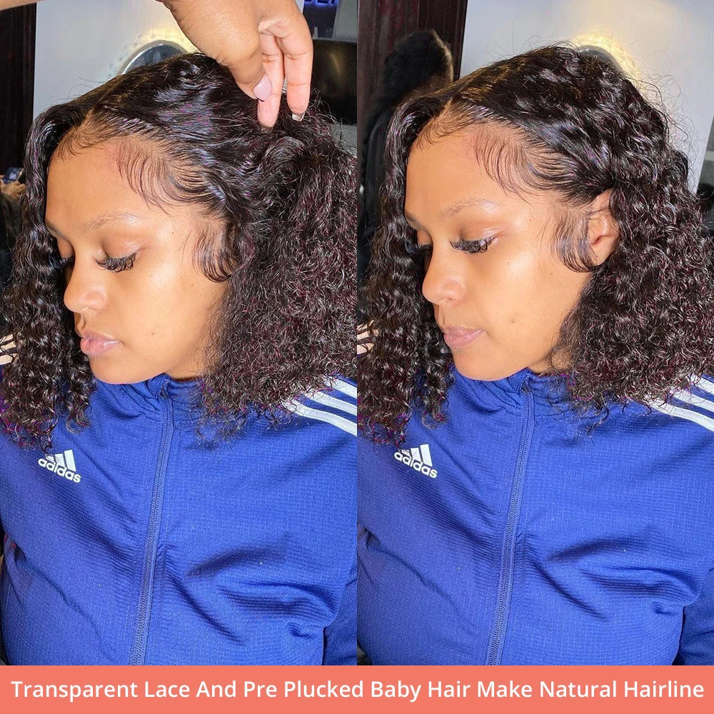 Short Curly Bob Human Hair Wig – 13x6 Lace Frontal / 7x5 Glueless Deep Water Wave Wig (250% Density, 12–14 Inch)