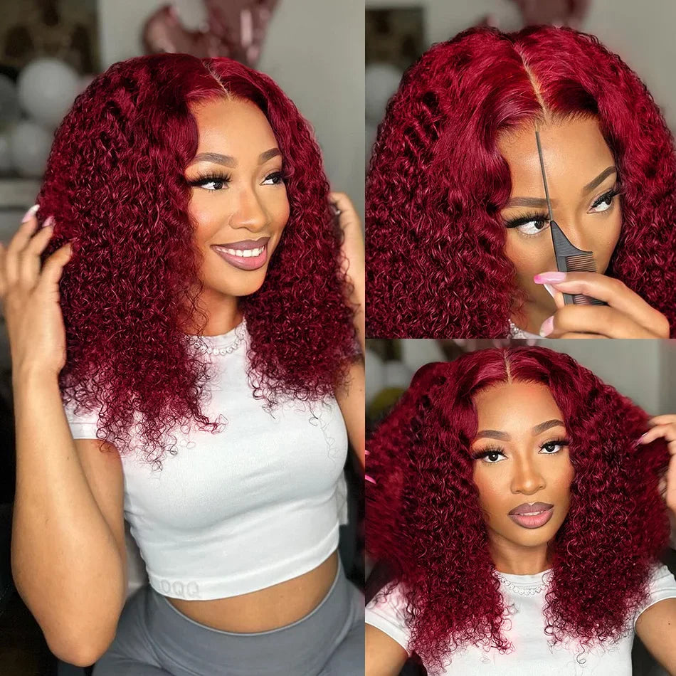 13x4 Lace Frontal Wig Short Bob Kinky Curly Wig Pre Plucked 99J Deep Wave Human Hair Bob Burgundy Lace Front Wigs Bob Human Hai