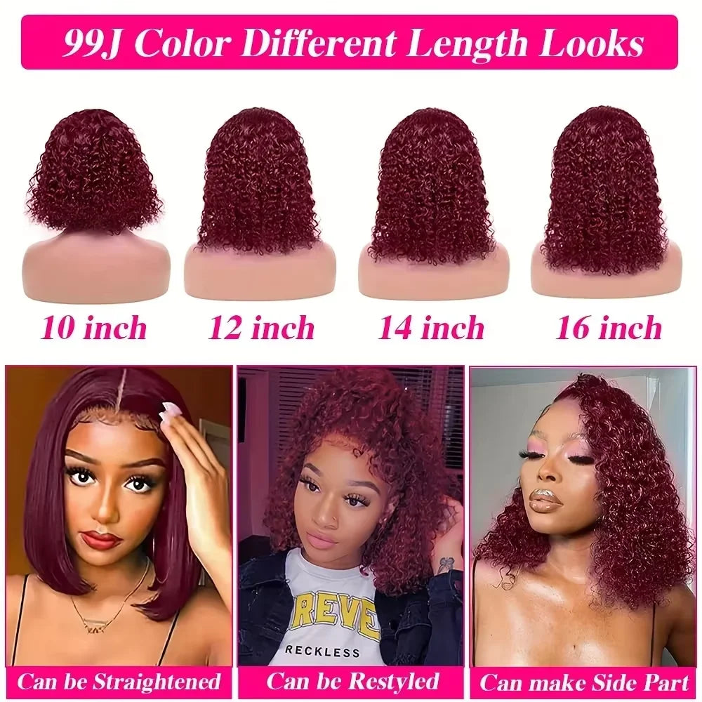 13x4 Lace Frontal Wig Short Bob Kinky Curly Wig Pre Plucked 99J Deep Wave Human Hair Bob Burgundy Lace Front Wigs Bob Human Hai