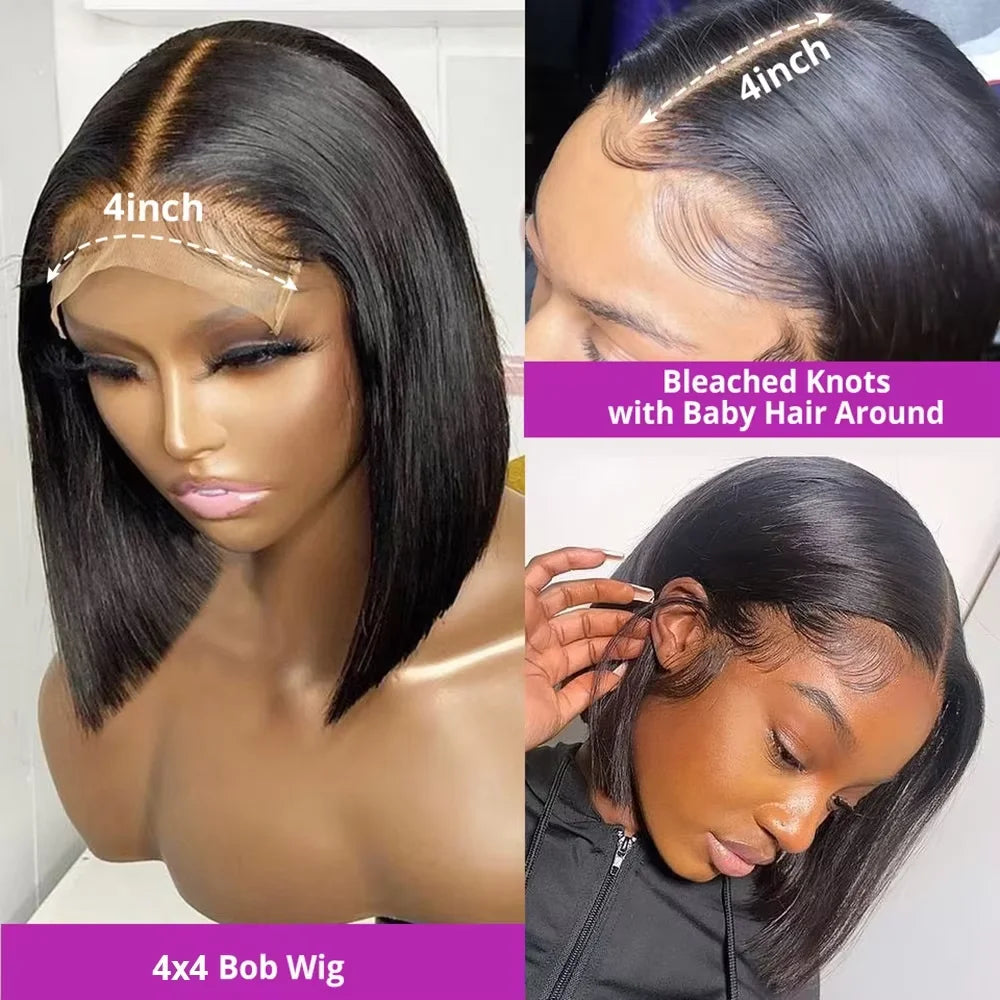 Natural Color Straight Short Bob Wigs 4x4 Closure Lace Brazilian Pre Plucked Wig For Women Remy Human Hair Wigs 200% Density