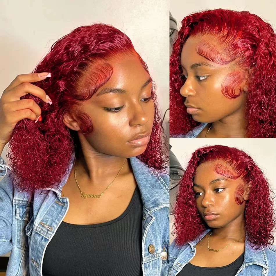 13x4 Lace Frontal Wig Short Bob Kinky Curly Wig Pre Plucked 99J Deep Wave Human Hair Bob Burgundy Lace Front Wigs Bob Human Hai