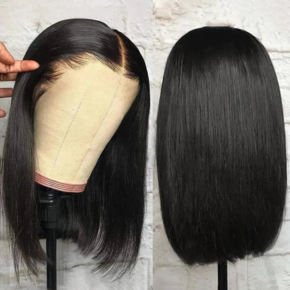 Natural Color Straight Short Bob Wigs 4x4 Closure Lace Brazilian Pre Plucked Wig For Women Remy Human Hair Wigs 200% Density