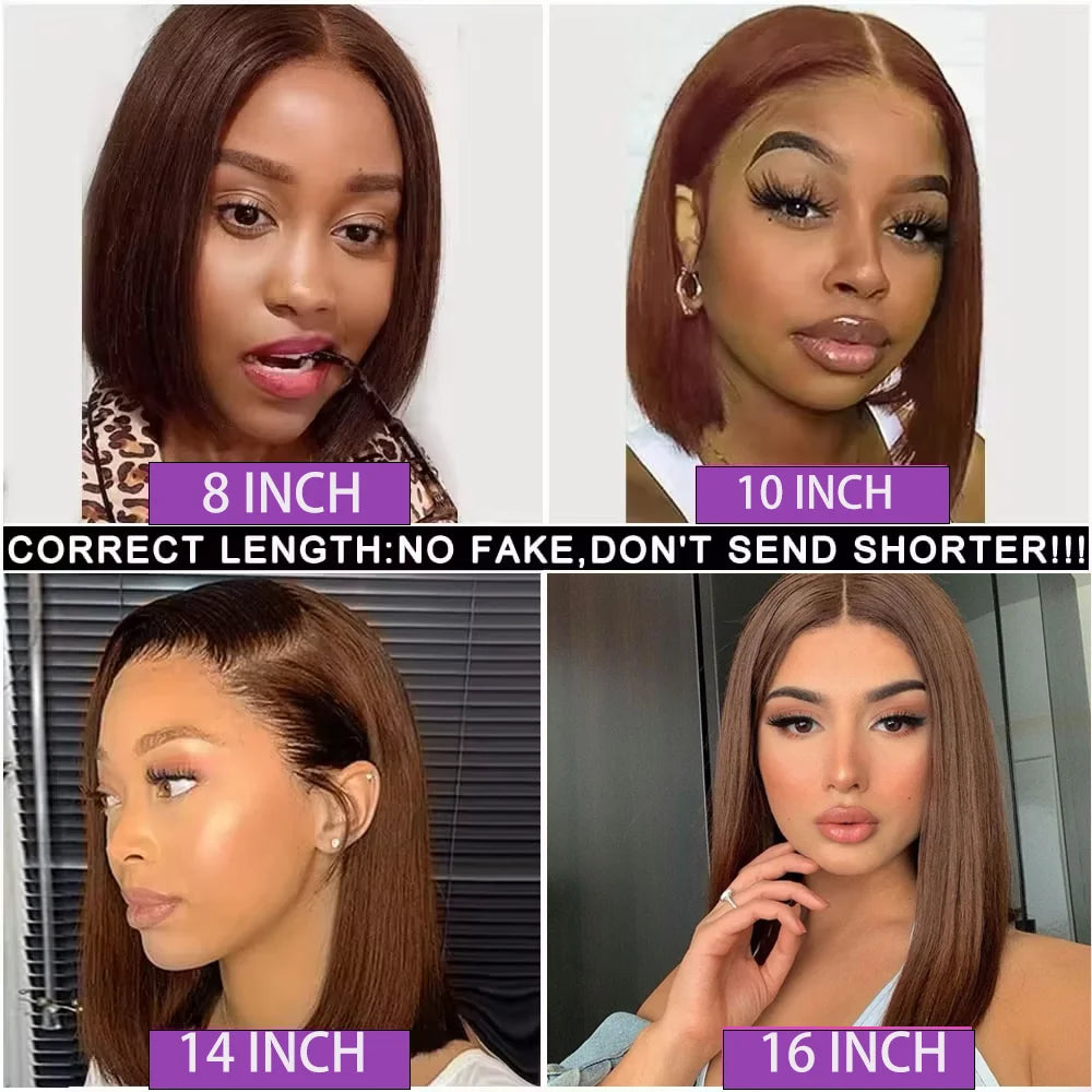 Brown Straight Short Bob Human Hair Wig – 13x4 / 4x4 HD Lace Frontal Wig (#4 Color, 14–16 Inch, Pre-Plucked)