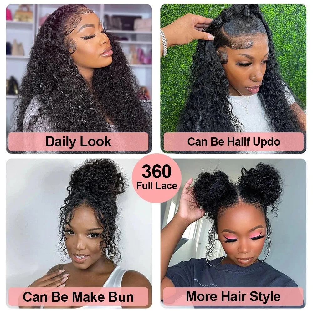 360 HD Full Lace Deep Wave Curly Human Hair Wig – 13x6 / 13x4 Glueless Lace Frontal Wig (Pre-Plucked, Up to 30 Inch)