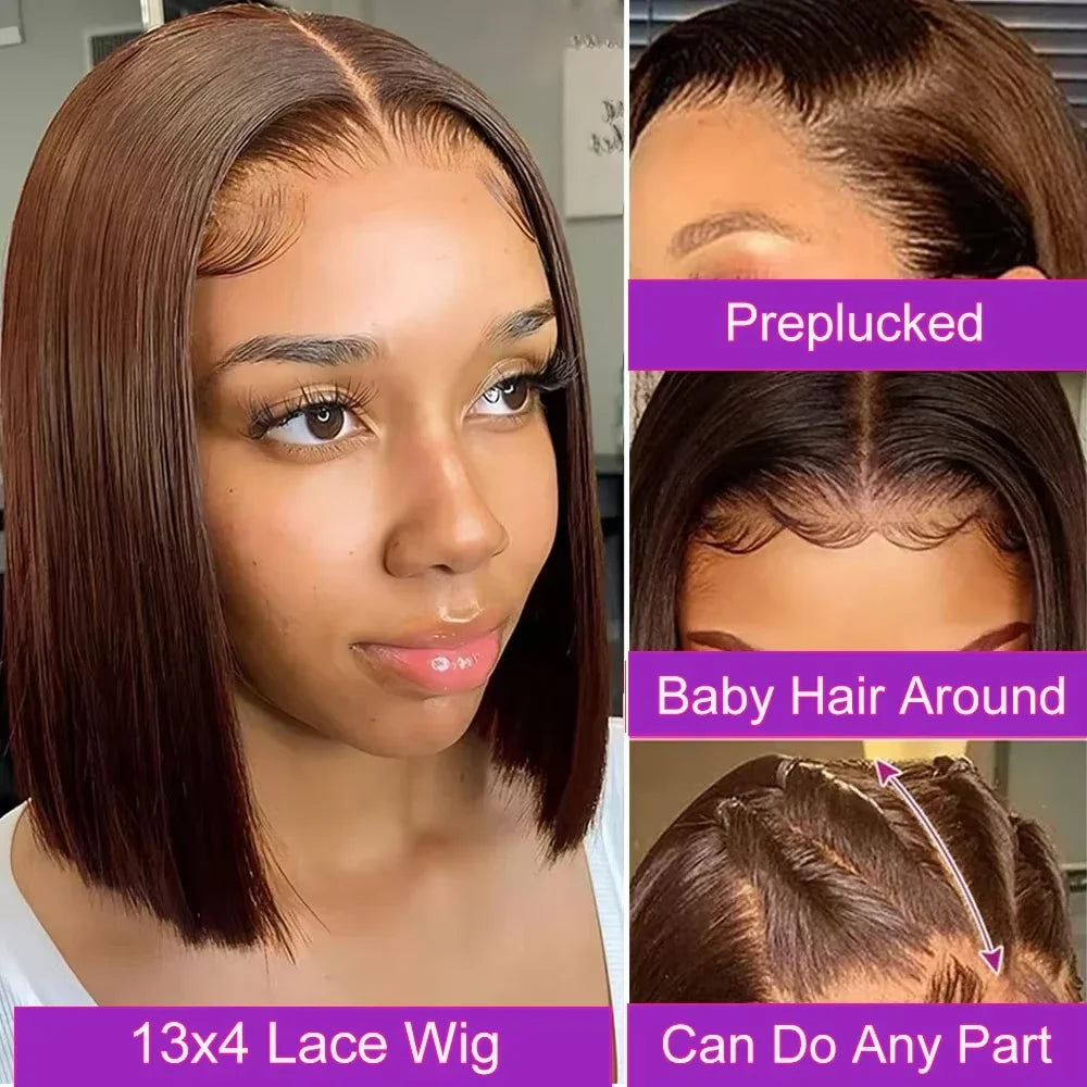 Brown Straight Short Bob Human Hair Wig – 13x4 / 4x4 HD Lace Frontal Wig (#4 Color, 14–16 Inch, Pre-Plucked)