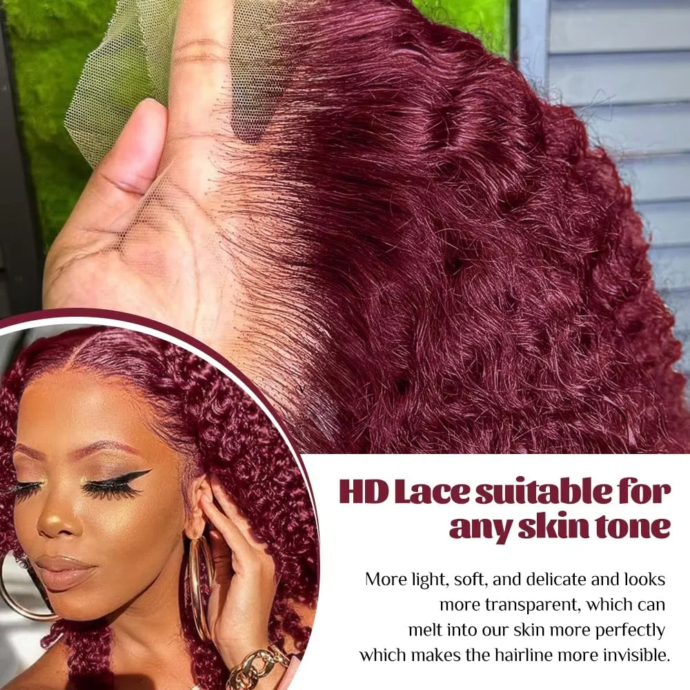13x4 Lace Frontal Wig Short Bob Kinky Curly Wig Pre Plucked 99J Deep Wave Human Hair Bob Burgundy Lace Front Wigs Bob Human Hai