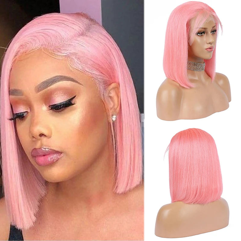 13x4 Short Bob Wig with HD Transparent Lace Frontal Light Pink Brazilian Remy 100% Human Hair Preplucked 12 Inch 14 Inch