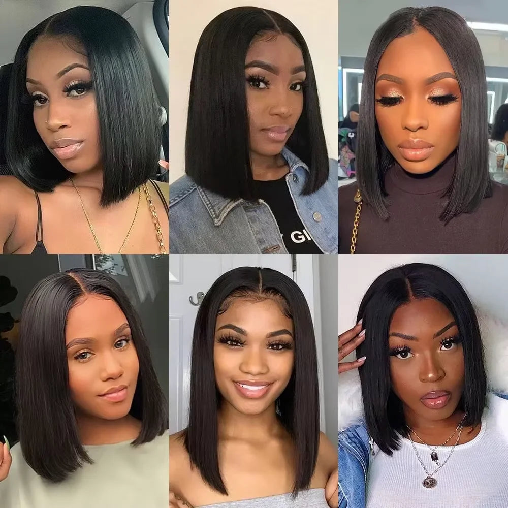 Natural Color Straight Short Bob Wigs 4x4 Closure Lace Brazilian Pre Plucked Wig For Women Remy Human Hair Wigs 200% Density