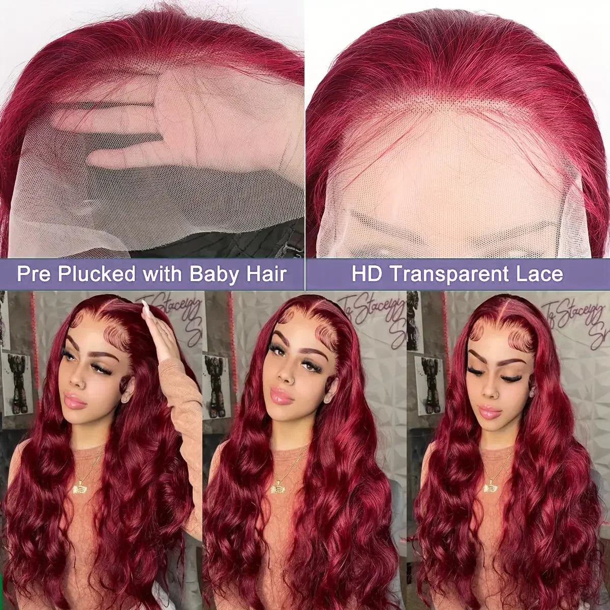28 Inch 99j Burgundy Lace Front Wigs Human Hair Red Burgundy Wig 200% Density 13x4 Body Wave Lace Front Wigs Pre Plucked Glueles