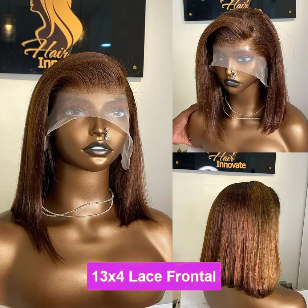 Brown Straight Short Bob Human Hair Wig – 13x4 / 4x4 HD Lace Frontal Wig (#4 Color, 14–16 Inch, Pre-Plucked)