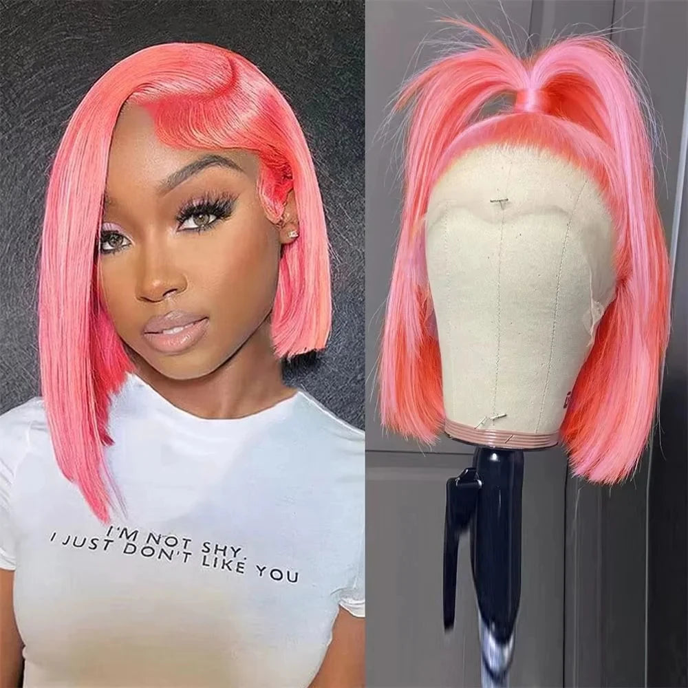 13x4 Short Bob Wig with HD Transparent Lace Frontal Light Pink Brazilian Remy 100% Human Hair Preplucked 12 Inch 14 Inch