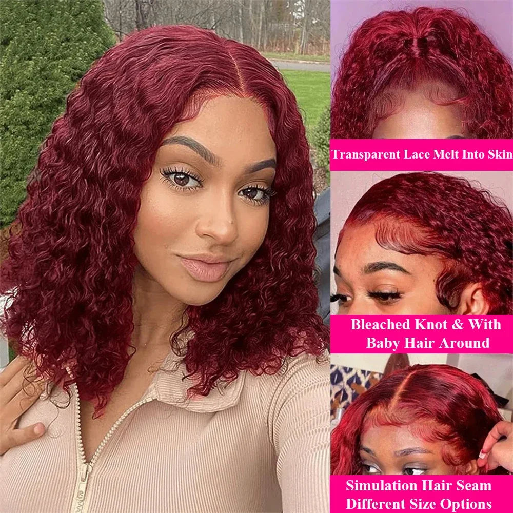 13x4 Lace Frontal Wig Short Bob Kinky Curly Wig Pre Plucked 99J Deep Wave Human Hair Bob Burgundy Lace Front Wigs Bob Human Hai