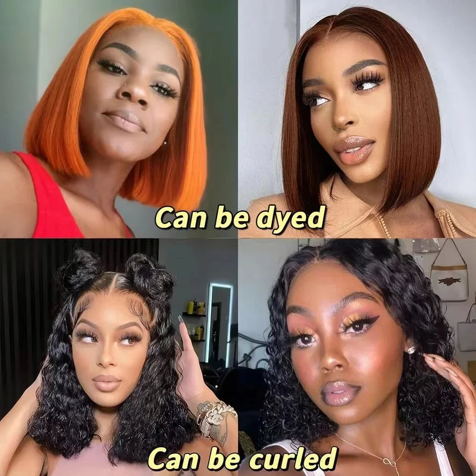 Natural Color Straight Short Bob Wigs 4x4 Closure Lace Brazilian Pre Plucked Wig For Women Remy Human Hair Wigs 200% Density