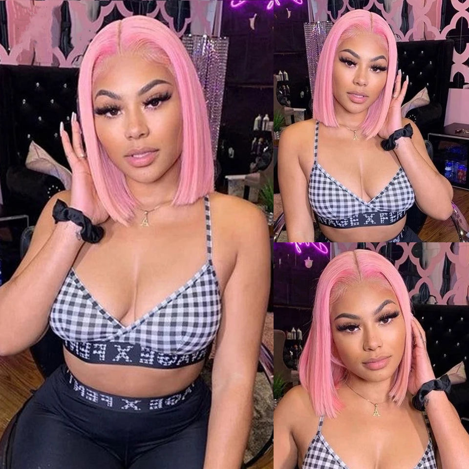 13x4 Short Bob Wig with HD Transparent Lace Frontal Light Pink Brazilian Remy 100% Human Hair Preplucked 12 Inch 14 Inch