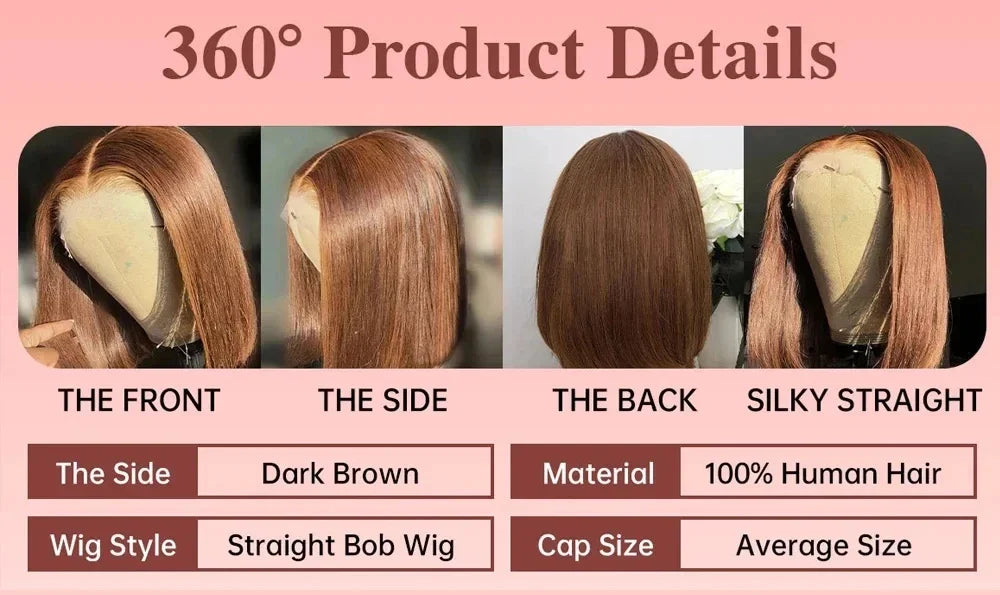 Brown Straight Short Bob Human Hair Wig – 13x4 / 4x4 HD Lace Frontal Wig (#4 Color, 14–16 Inch, Pre-Plucked)