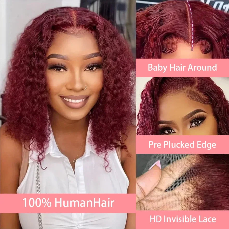 13x4 Lace Frontal Wig Short Bob Kinky Curly Wig Pre Plucked 99J Deep Wave Human Hair Bob Burgundy Lace Front Wigs Bob Human Hai